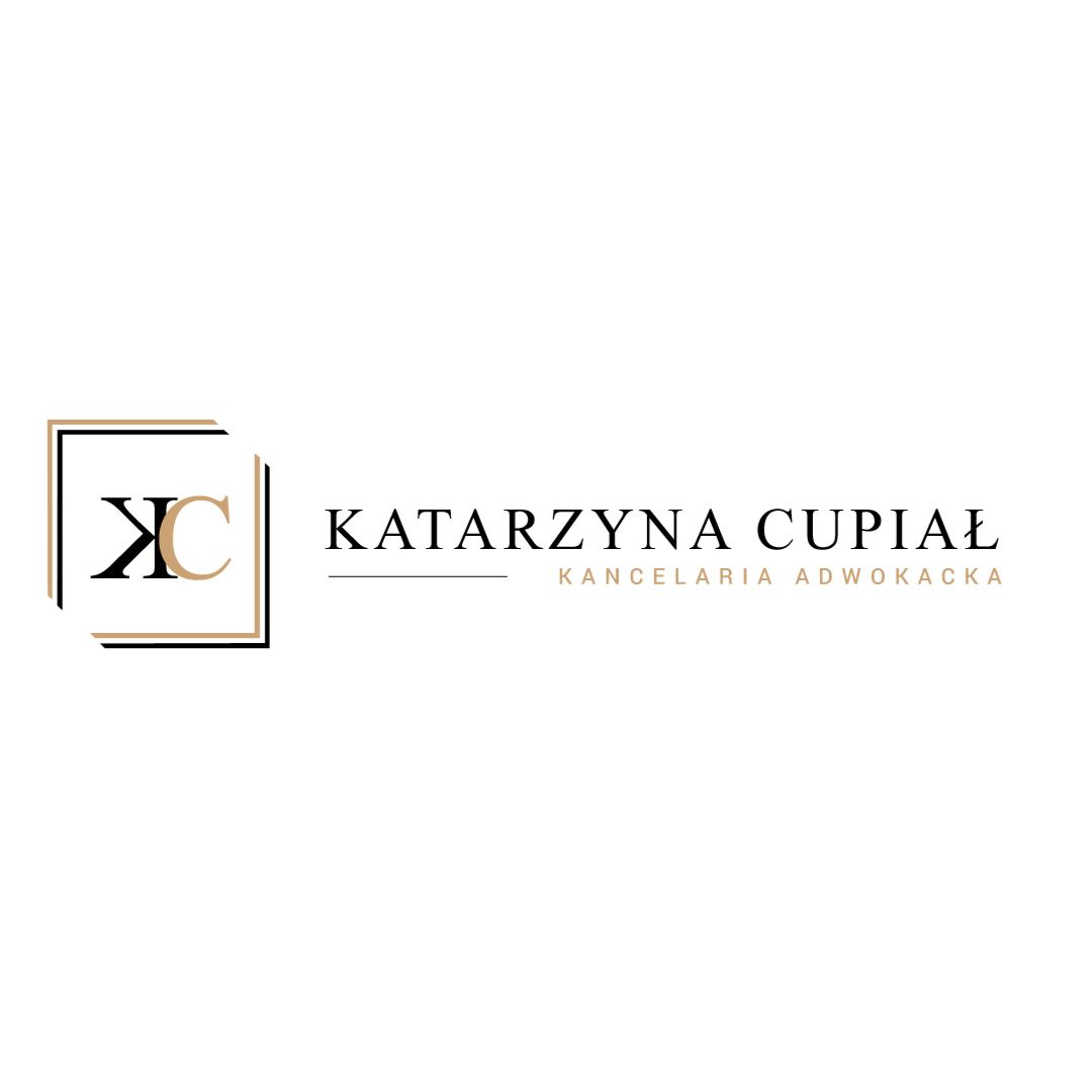 Logo dla adwokata Katarzyny Cupiał - elegancki monogram KC w geometrycznej ramce, czarno-złota identyfikacja wizualna kancelarii adwokackiej