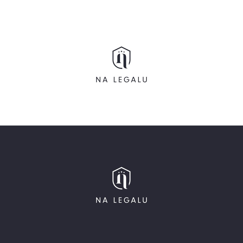Logo dla kancelarii prawnej Na Legalu - minimalistyczna tarcza z literą n i gwiazdami, granatowo-białe logo